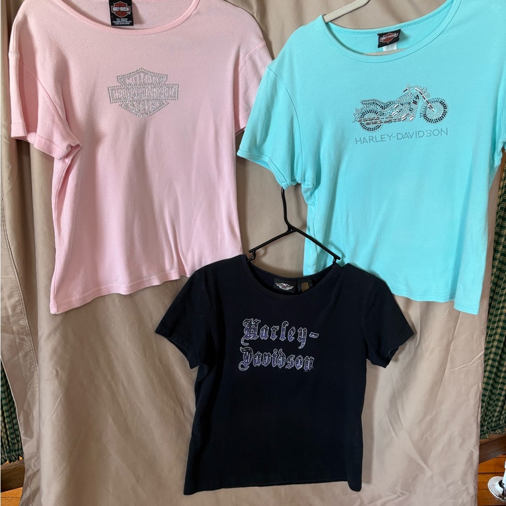 Harley-Davidson Pink and Blue Short Sleeve Tees